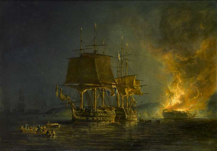 The Burning of the Russian 74-gun Sewolod After she had been Engaged and Silenced by HMS Implacable, Captain T. Byam Martin, in the Baltic, 26 August, 1808